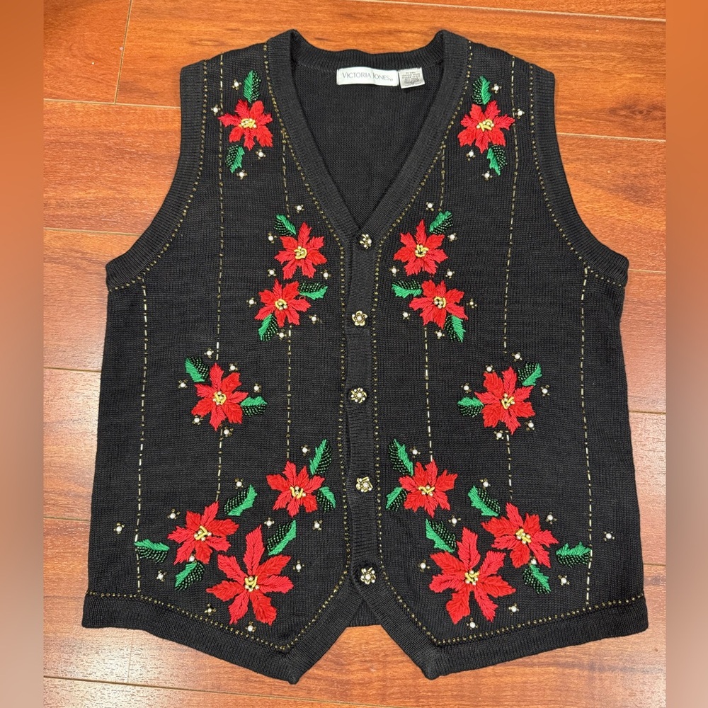 Victoria Jones Woman Black V-Neck Sweater Vest with Red Floral Design
